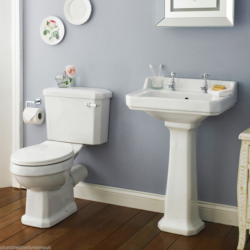 Traditional Pedestal Sink Basin & Close Coupled Toilet Bathroom Suite ...